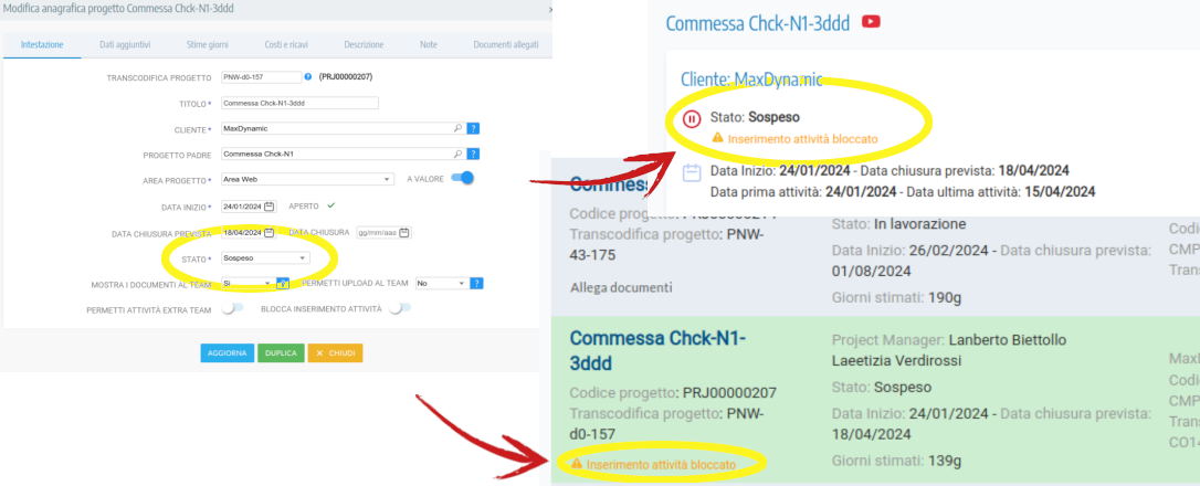 assegnazione di uno stato chiuso o sospeso a livello di progetto