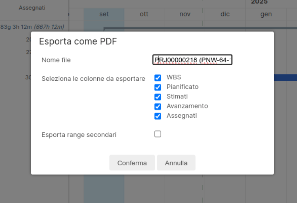 parametri di stampa del pdf del Gantt