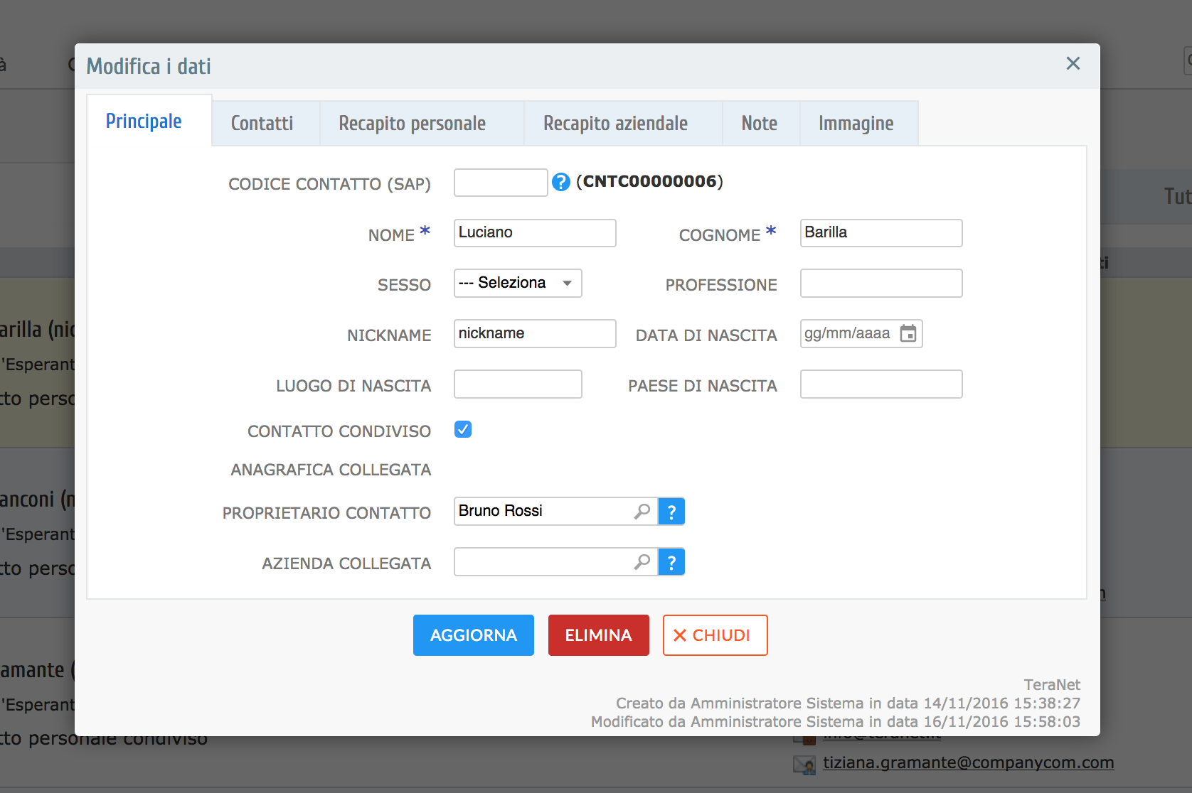 Form inserimento modifica di un contatto